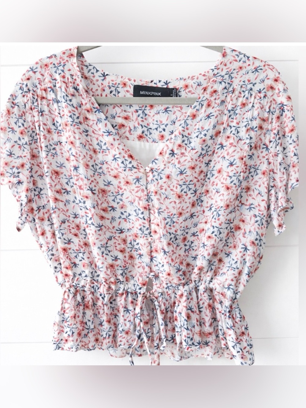 MINKPINK Floral Peplum Blouse Boho Cottagecore Tie Waist Top Size Small - Picture 2 of 4